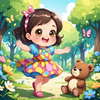 A cheerful cartoon little girl with big, expressive eyes and a playful smile, wearing a colorful dress with polka dots and a matching headband. She is joyfully playing with a teddy bear in a bright, sunny park filled with flowers and butterflies. The scene is lively and fun, perfect for a children's animation.